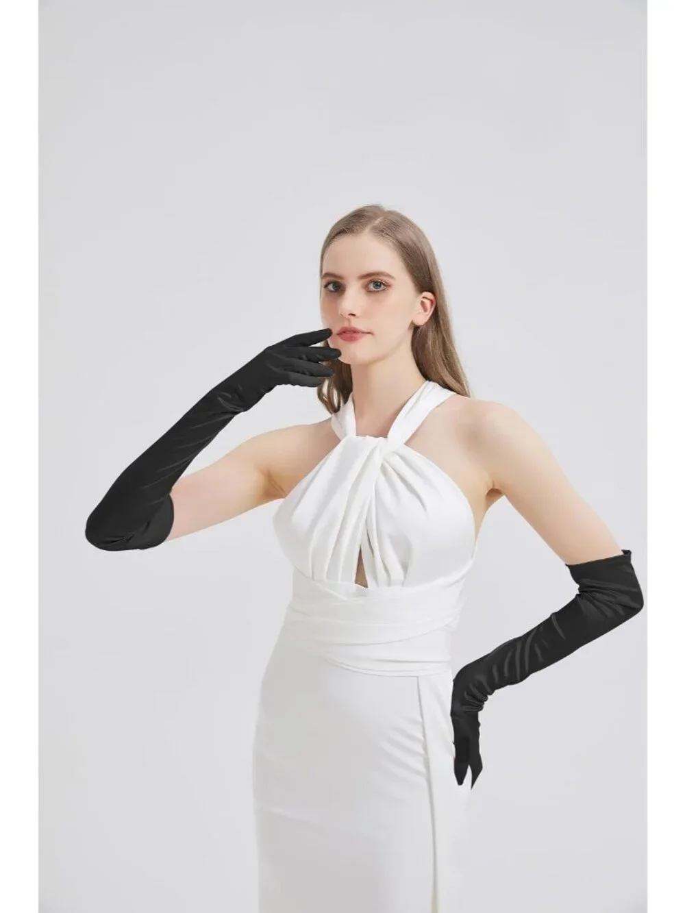 Women's Black Satin Opera Elbow Length 1920s Flapper Long Gloves Party